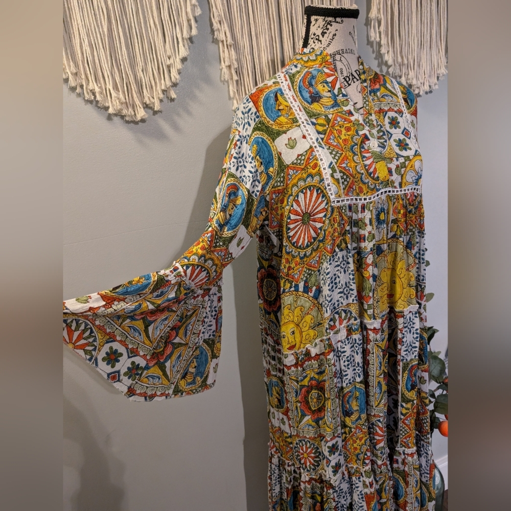 Women's Whimsigoth Orange Fashion Village Celestial Aline Midi Dress Size S/M - Picture 5 of 9